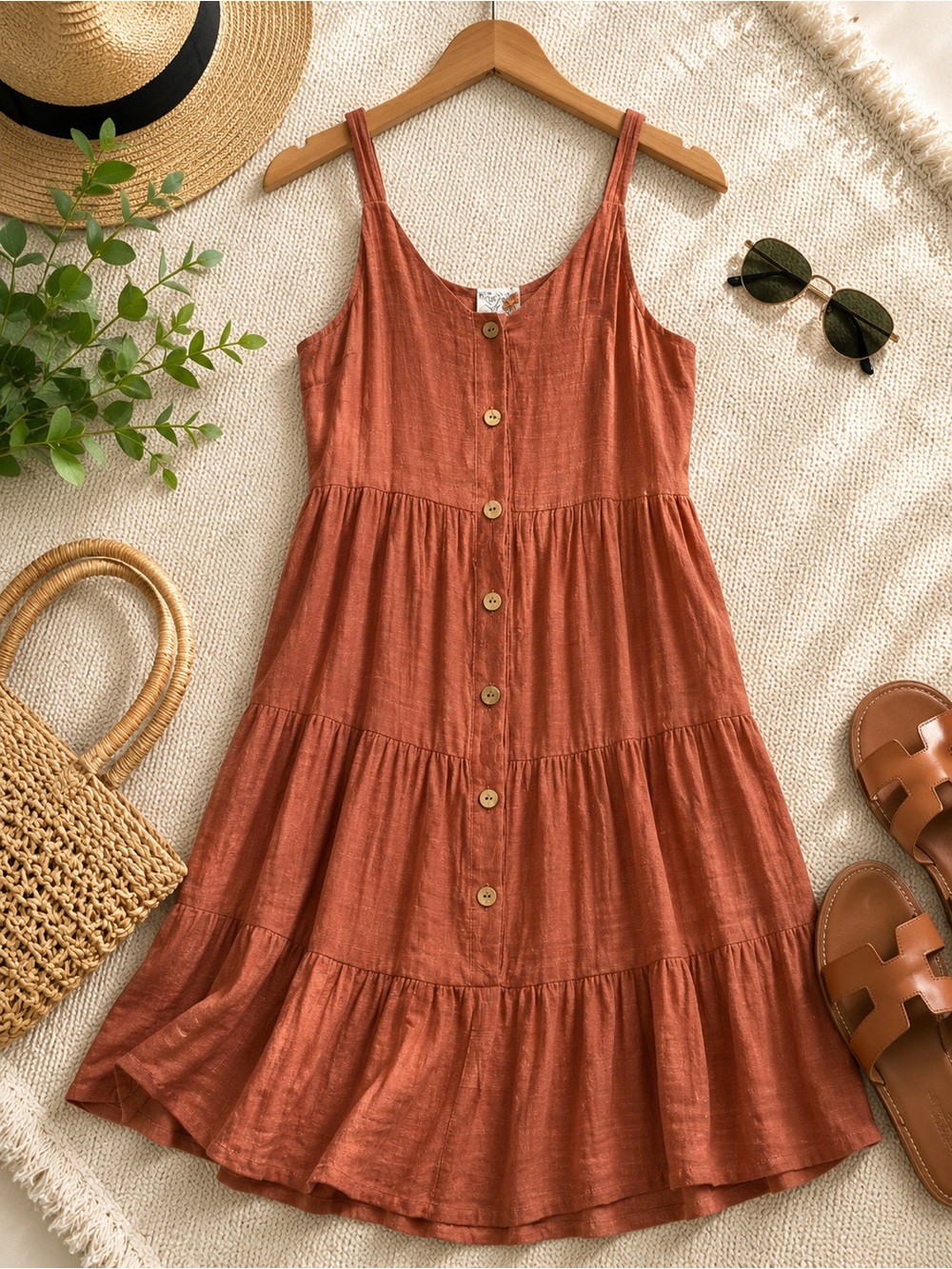 NAIF Rust Button-Front Midi Dress